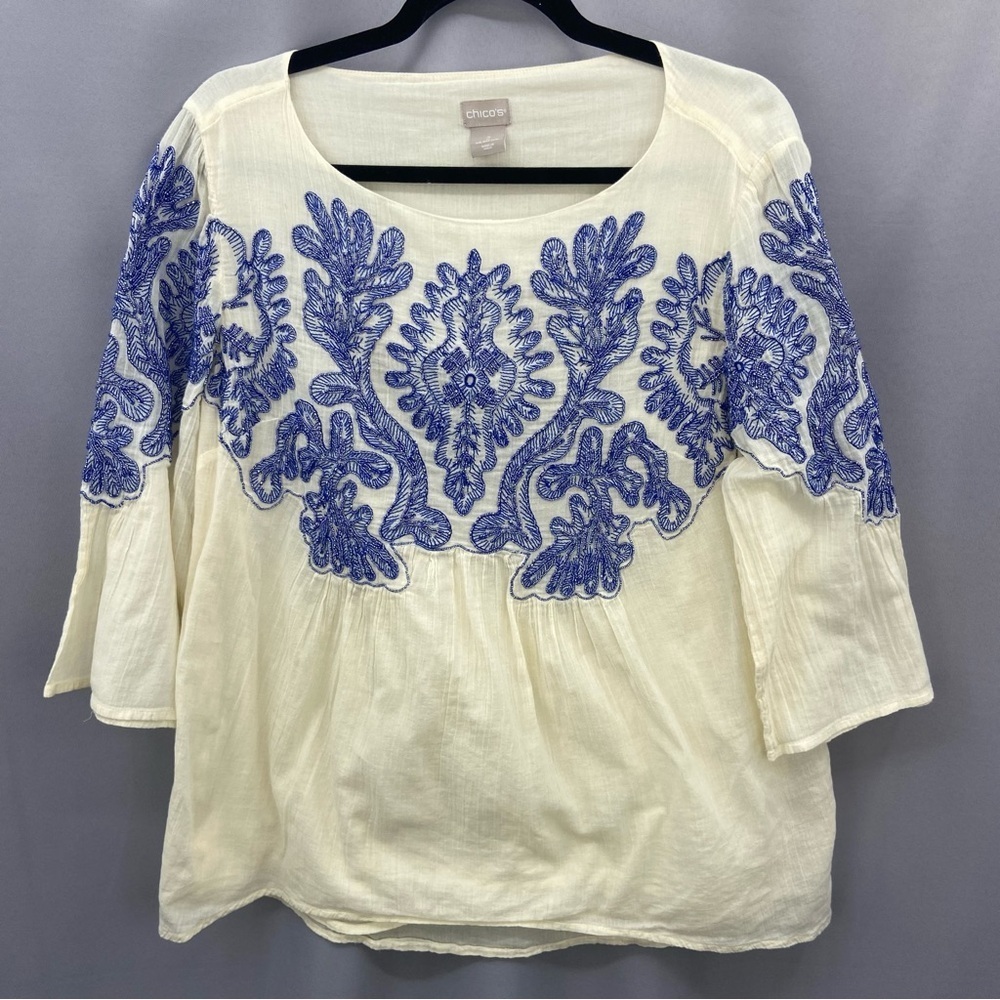 Chico's Women's‎ Medium Gauze Embroidered Gauze Top Beach Reef Boho